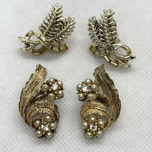 Vintage Coro Signed Lot of 2 Pairs Clip‎ On Gold Tone Earrings Rhinestone Floral